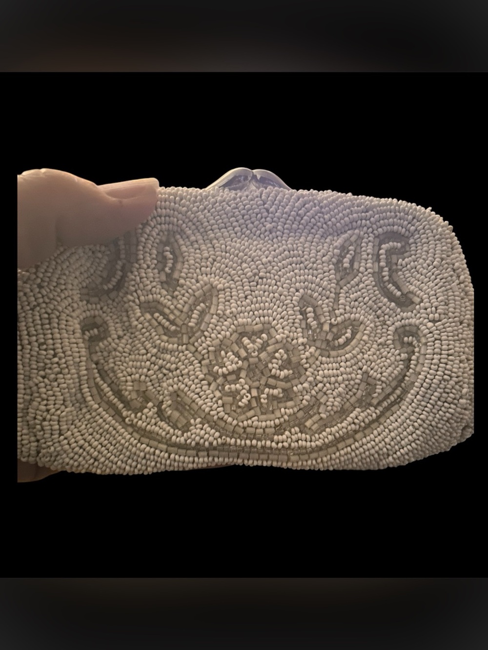 Vintage White Glass Beaded Finger Clutch made in Belgium